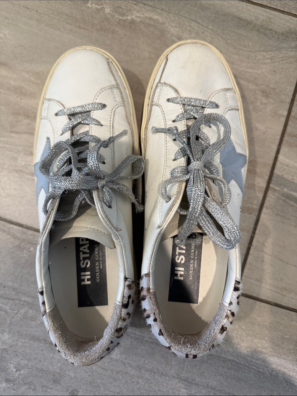 Golden Goose White Sneakers with Silver Laces and Gray Star